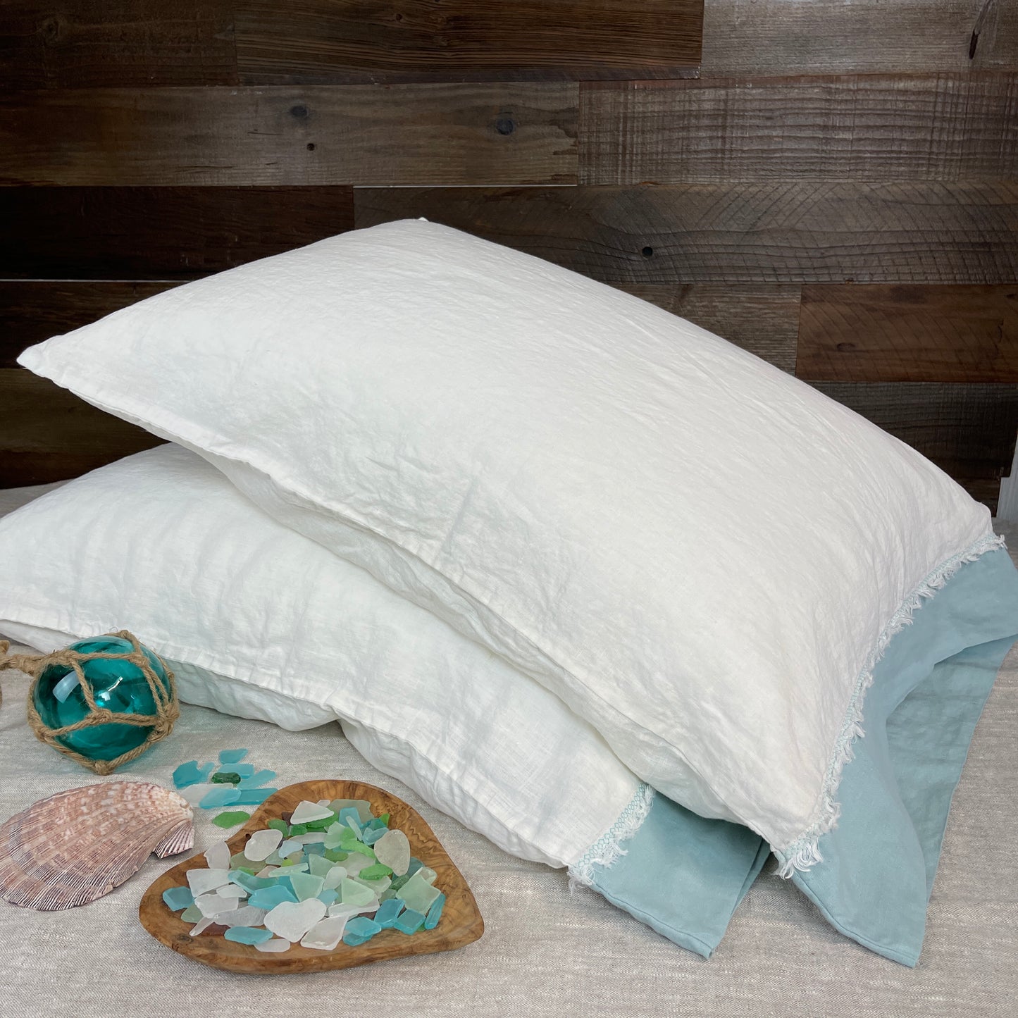 Bohemian Touch Off White Flax Pillowcase with Seaglass Accent
