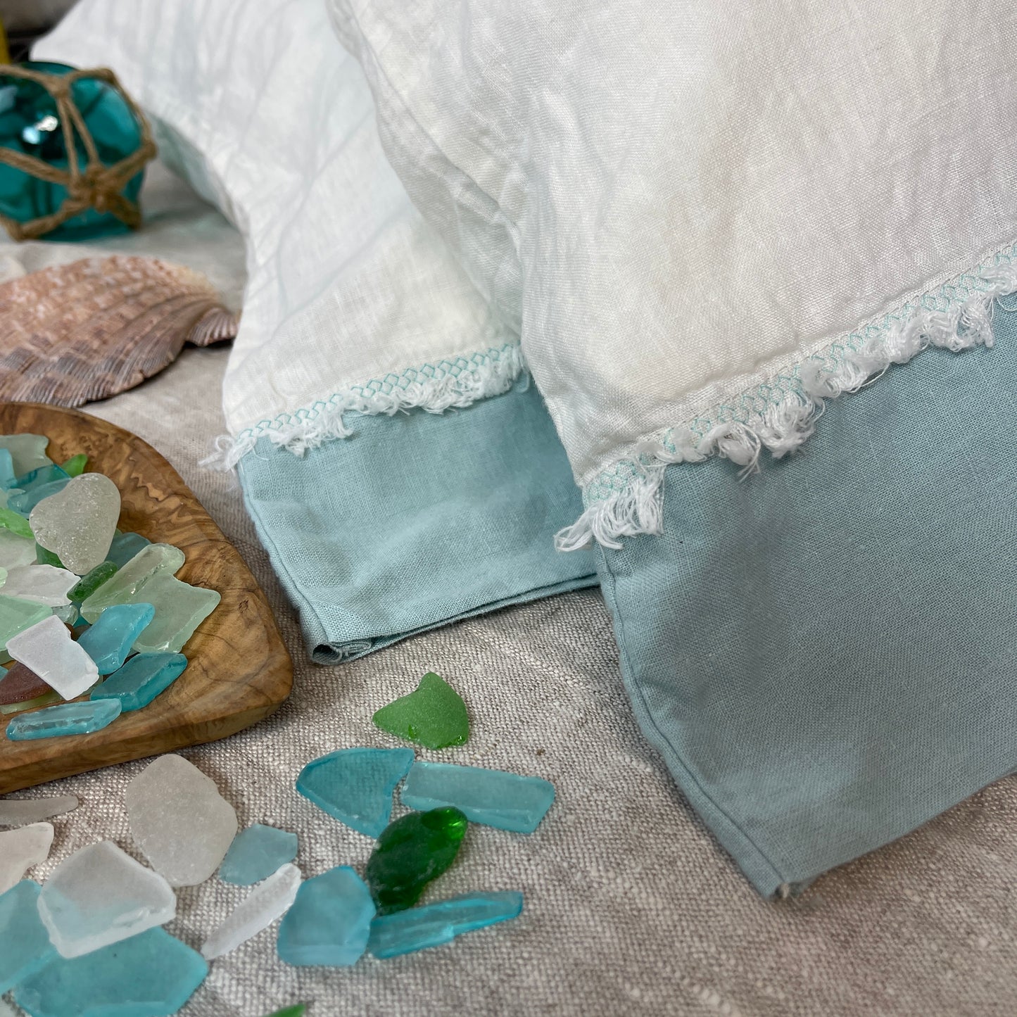 Bohemian Touch Off White Flax Pillowcase with Seaglass Accent