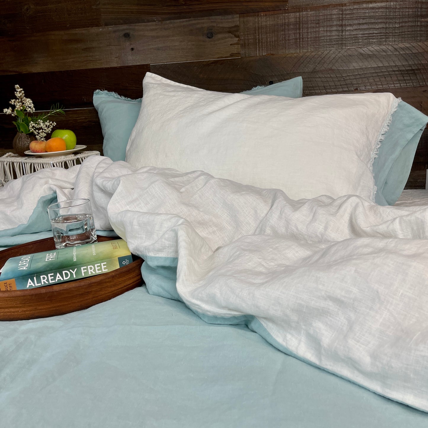 Bohemian Touch Off White Flax Pillowcase with Seaglass Accent