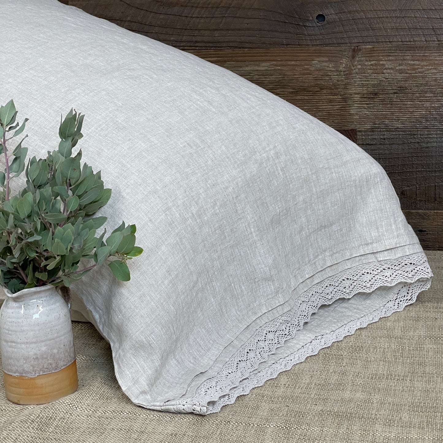 Nostalgia Greige Flax Pillowcase with Lace