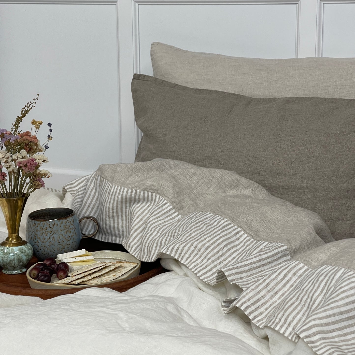 Stripe Accent Greige Flat Sheet with decorative detail