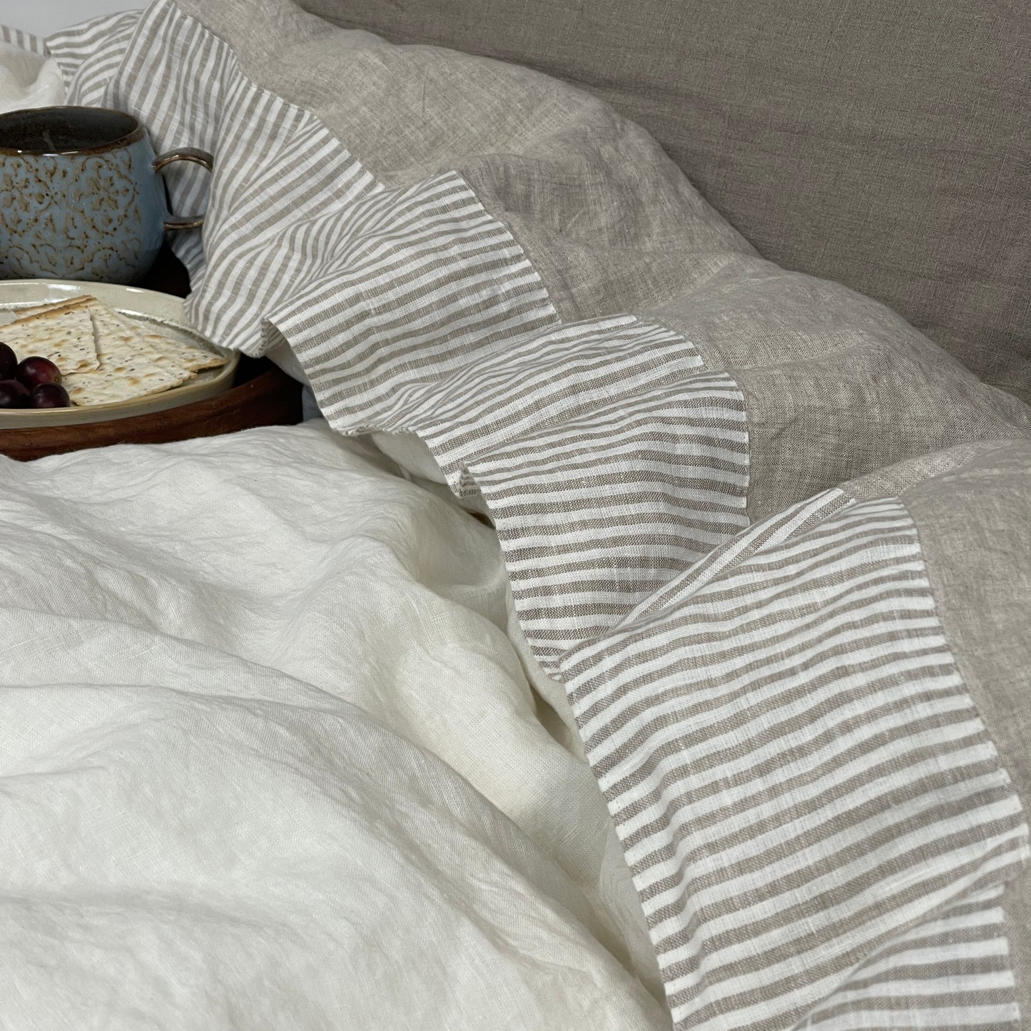 Stripe Accent Greige Flat Sheet with decorative detail