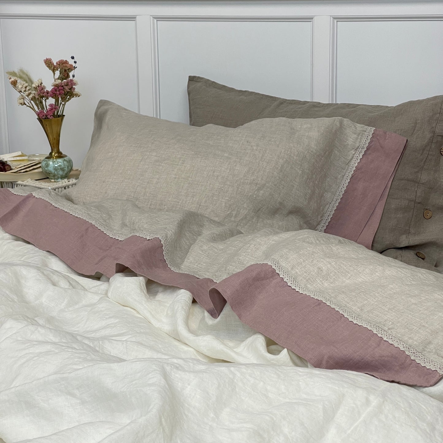 Greige Mauve Flat Sheet with Lace