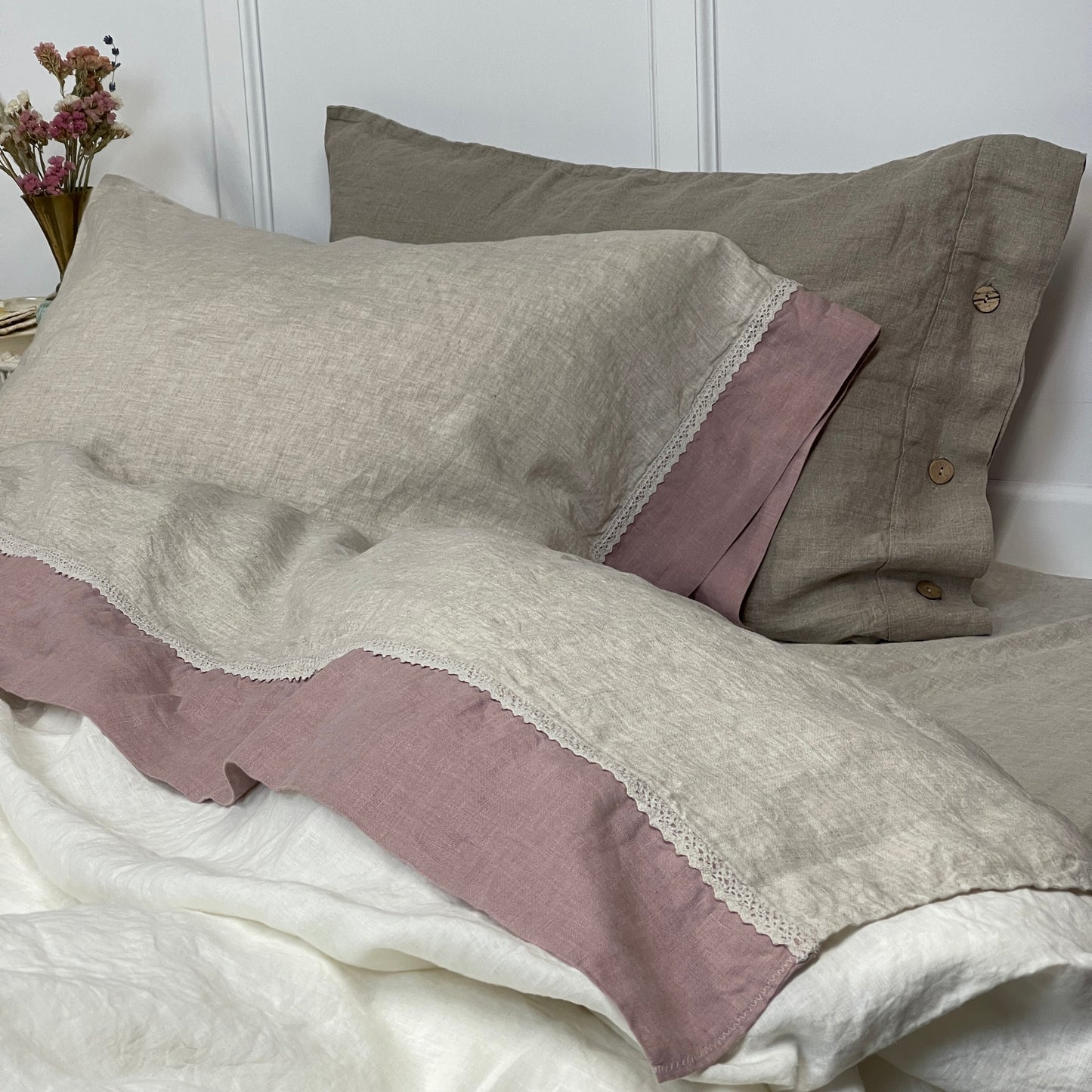 Greige Mauve Flat Sheet with Lace