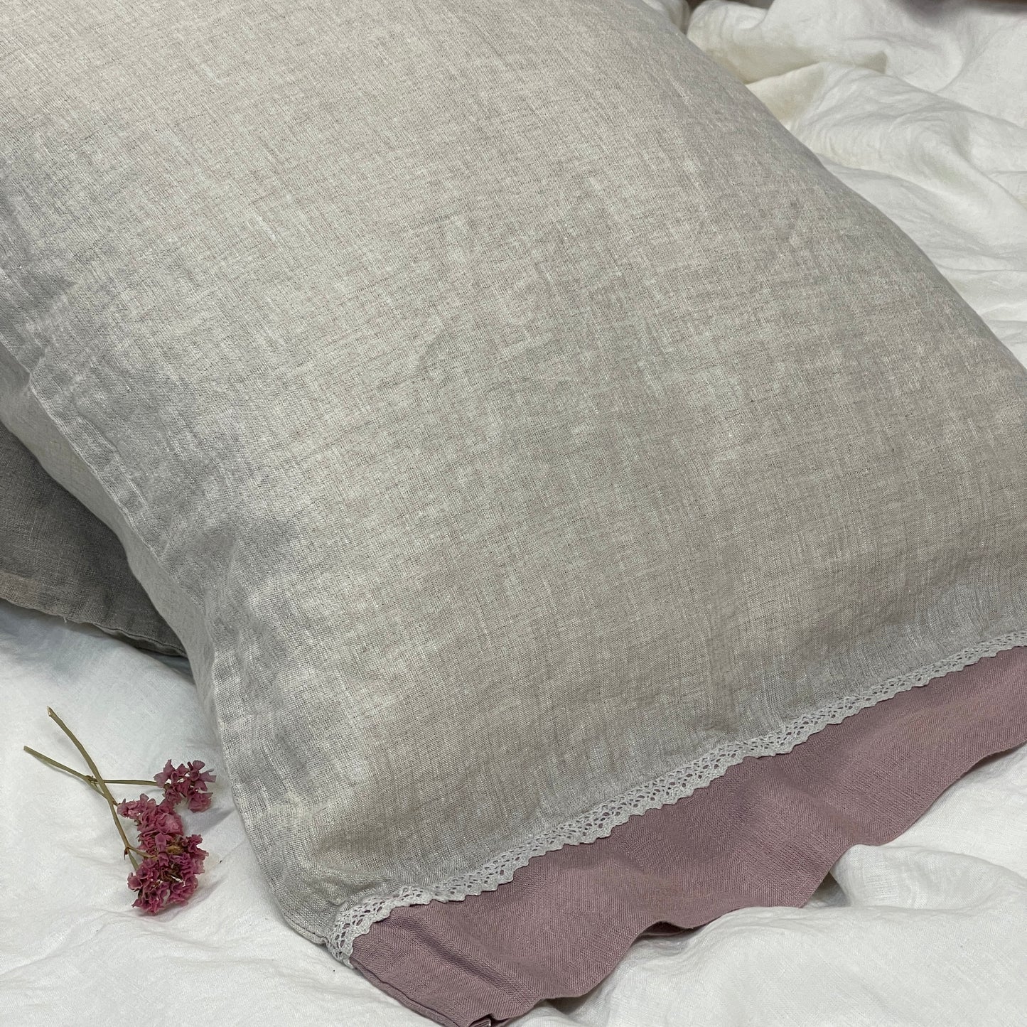 Greige Mauve Flax Pillowcase with Lace