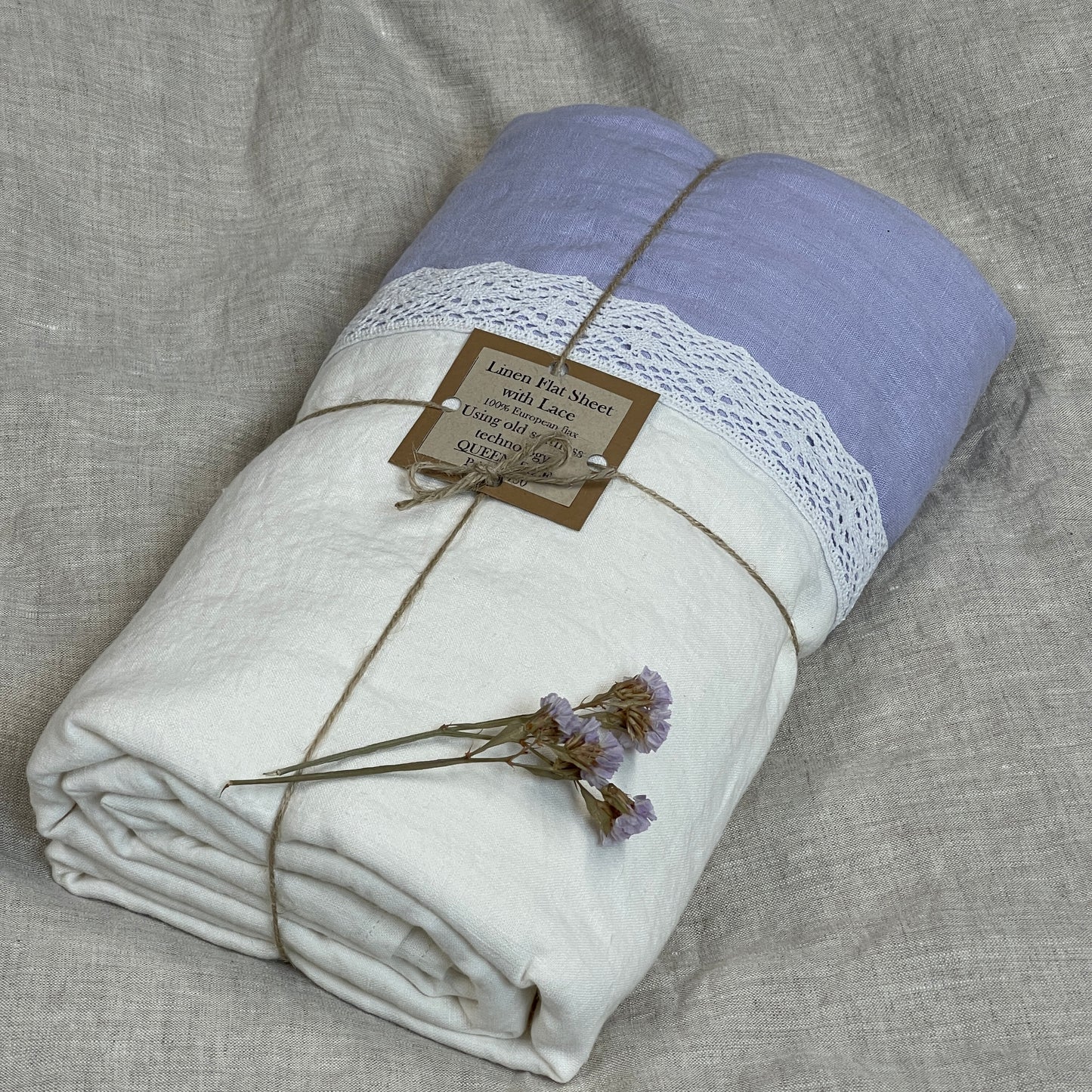Silver Lilas Off-white Flax Flat Sheet with Lace