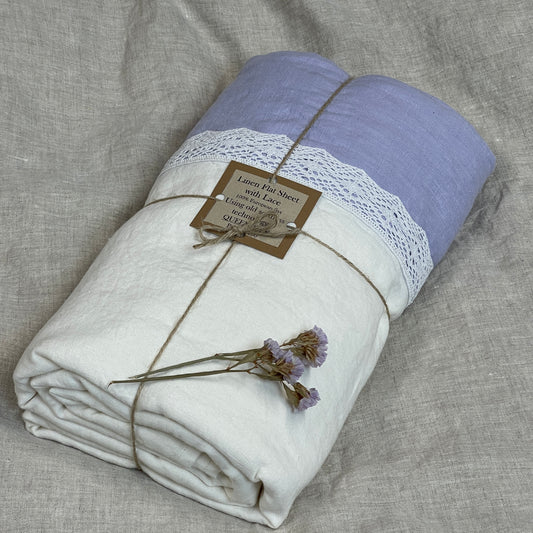 Silver Lilas Off-white Flax Flat Sheet with Lace