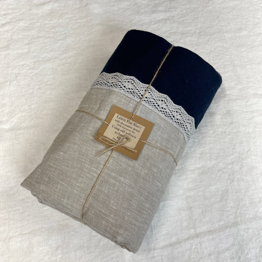 Greige Navy Blue Flat Sheet with Lace