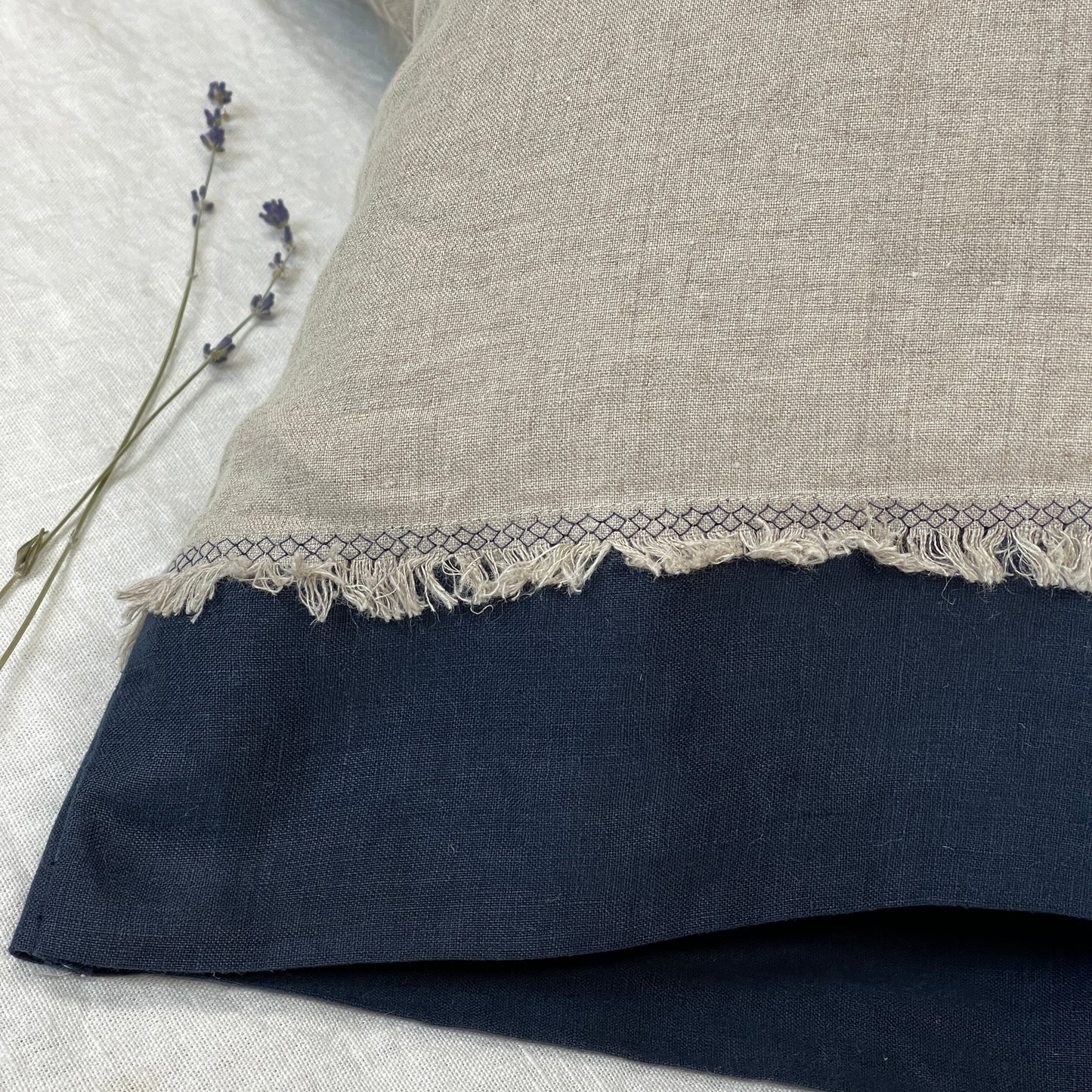 Greige Navy Blue Flax Pillowcase with Deco Detail