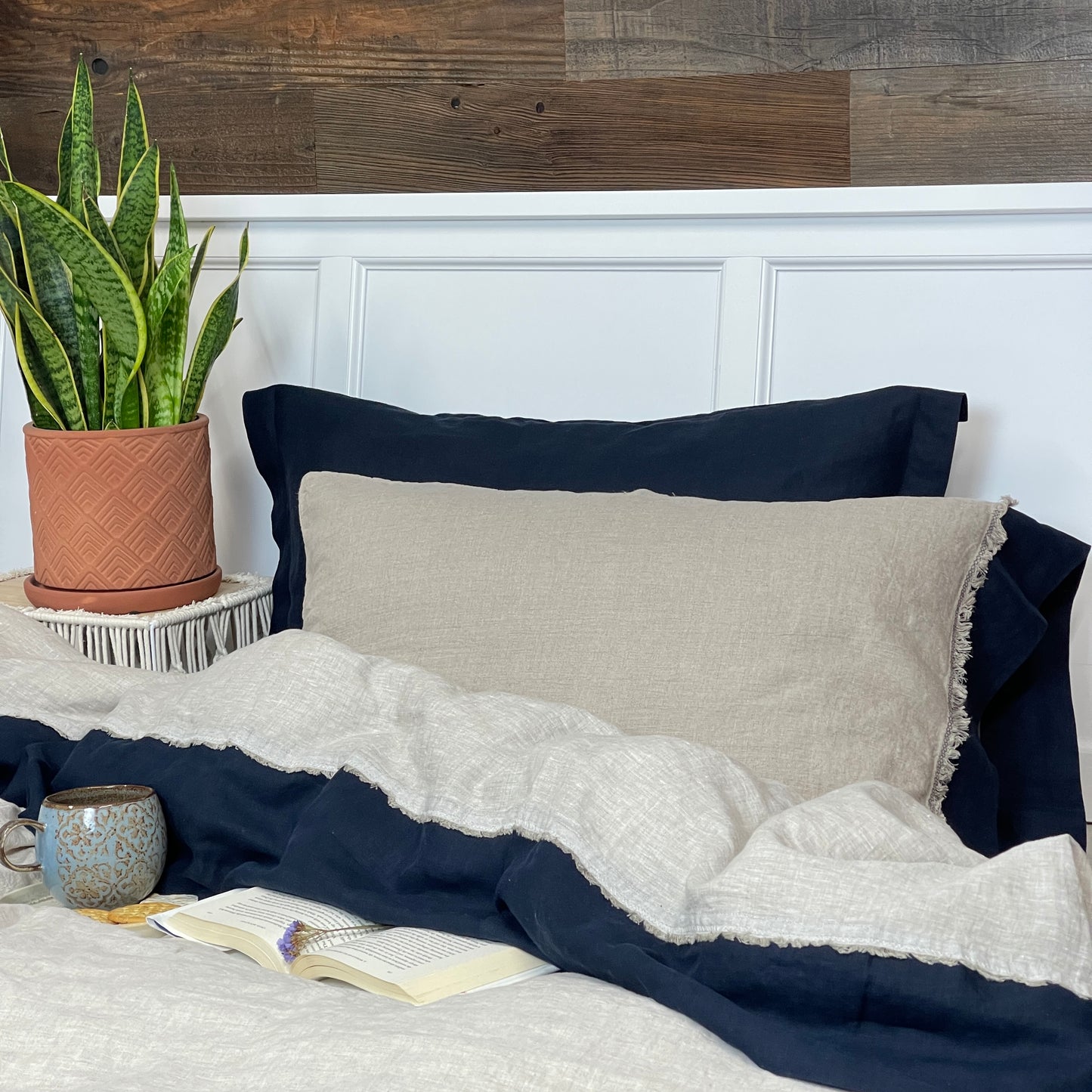 Greige Navy Blue Flat Sheet with Deco Detail
