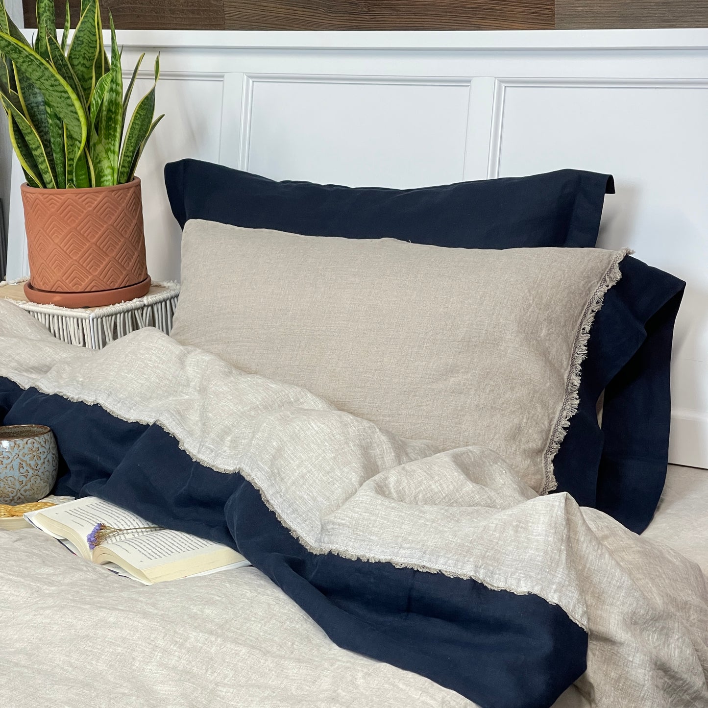 Greige Navy Blue Flax Pillowcase with Deco Detail