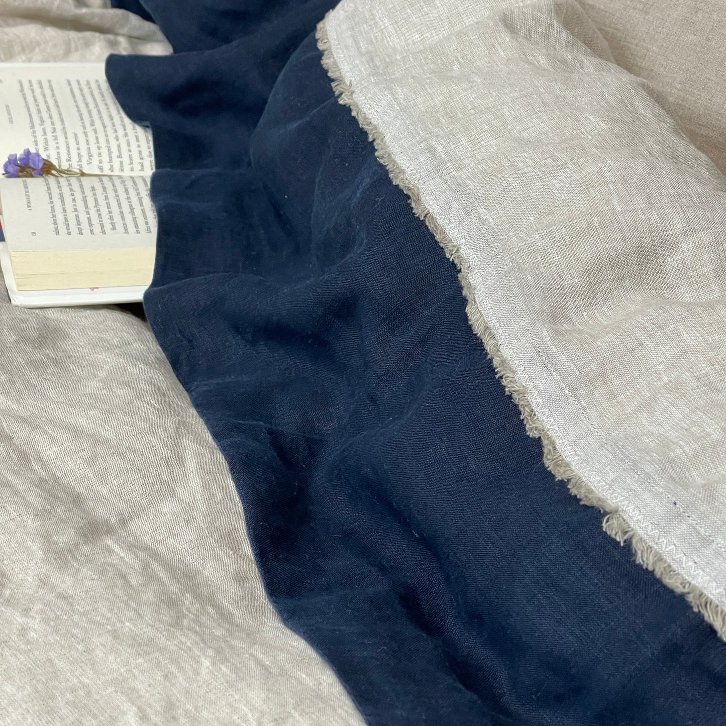 Greige Navy Blue Flat Sheet with Deco Detail