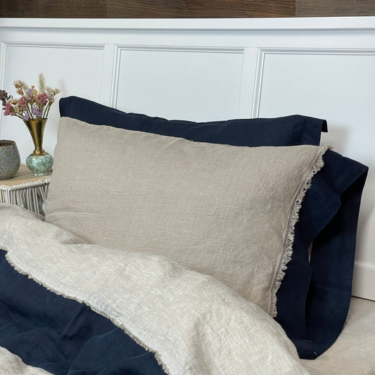 Greige Navy Blue Flax Pillowcase with Deco Detail