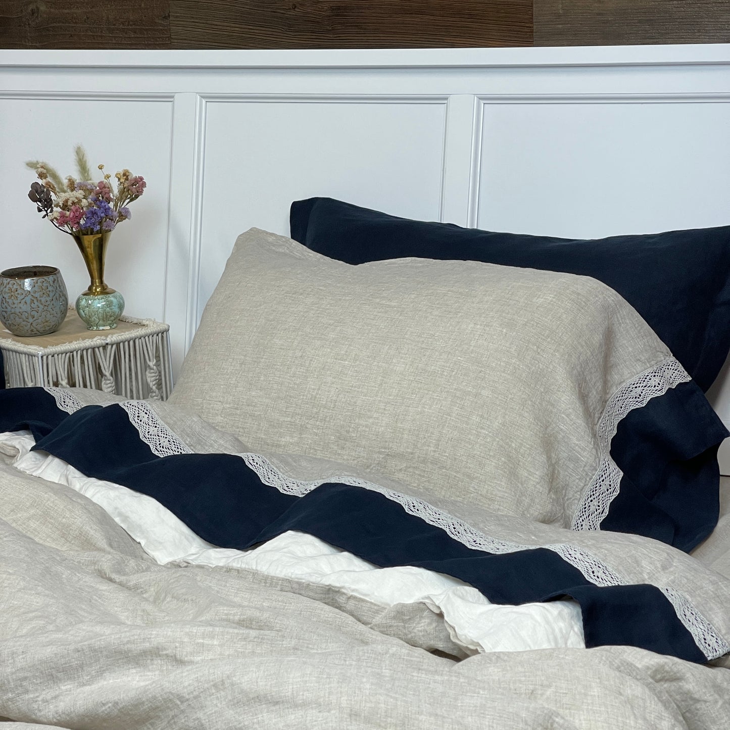 Greige Navy Blue Flat Sheet with Lace
