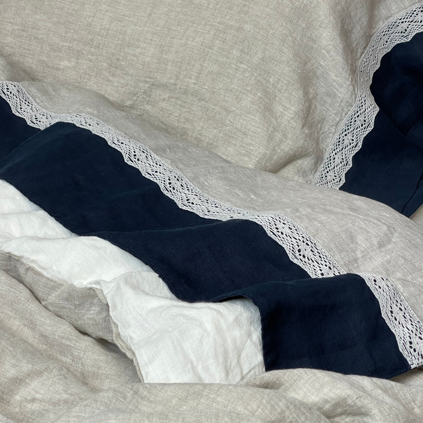 Greige Navy Blue Flat Sheet with Lace