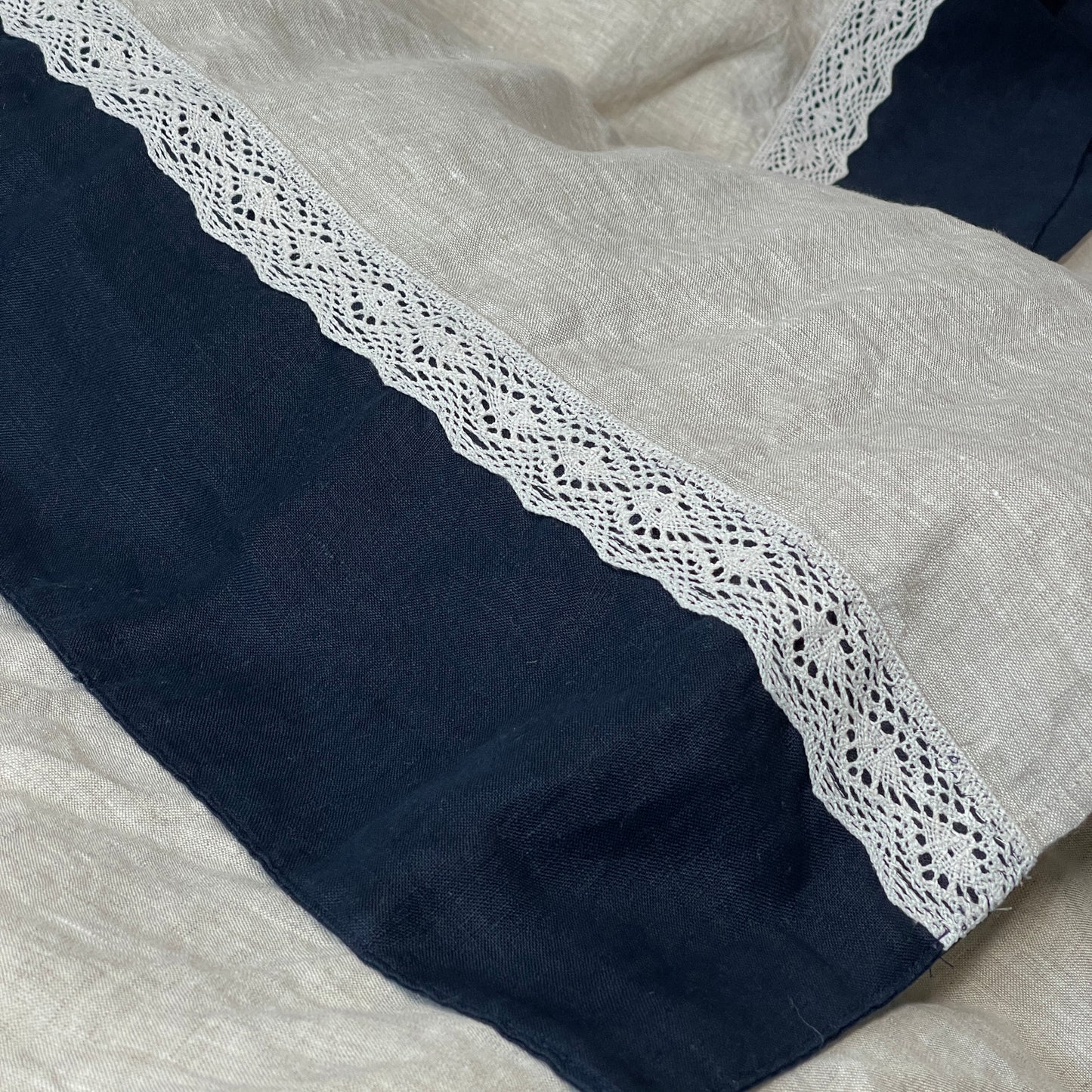 Greige Navy Blue Flat Sheet with Lace