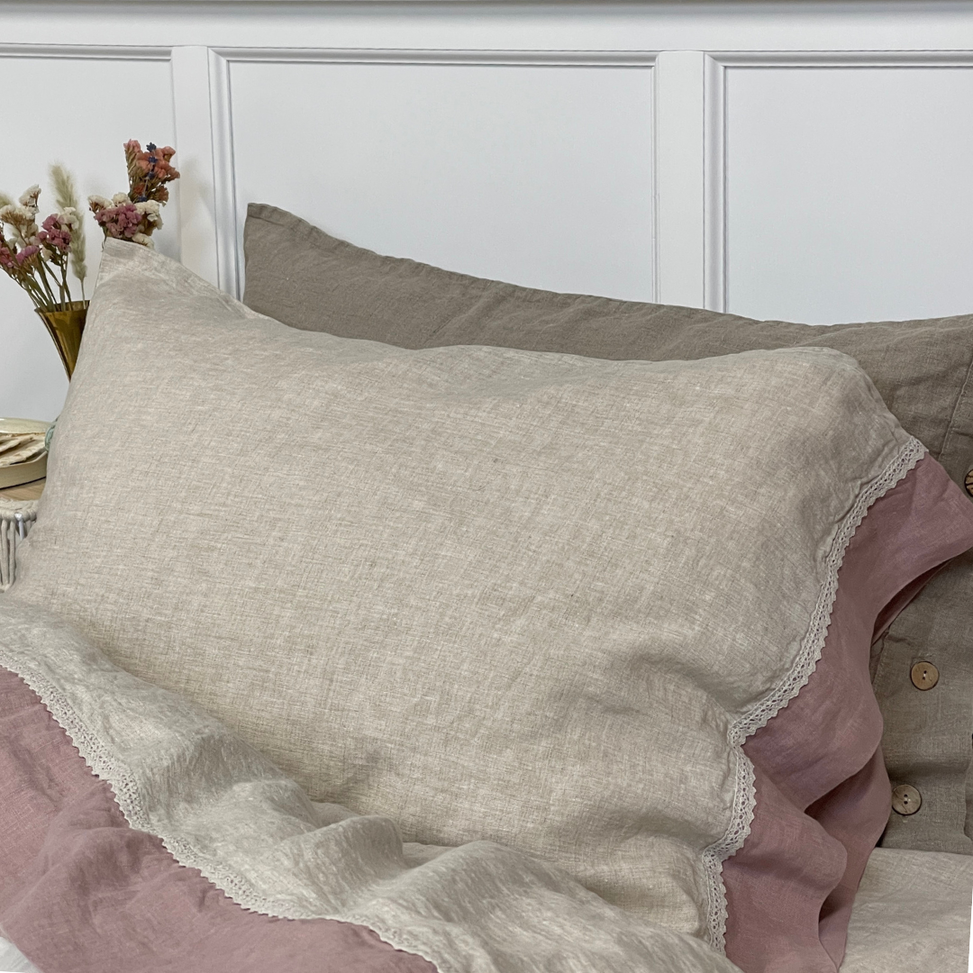 Greige Mauve Flax Pillowcase with Lace