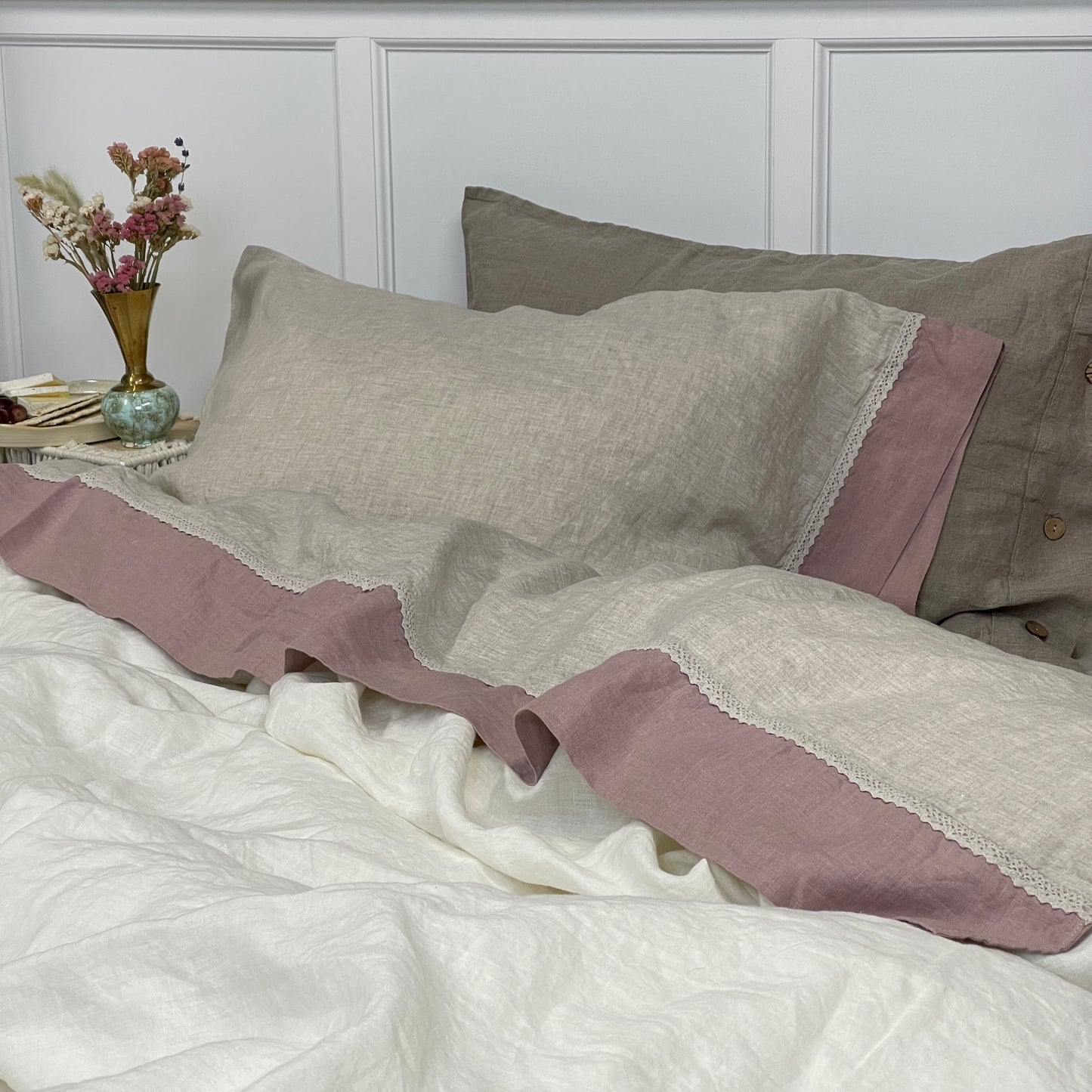 Greige Mauve Flax Pillowcase with Lace
