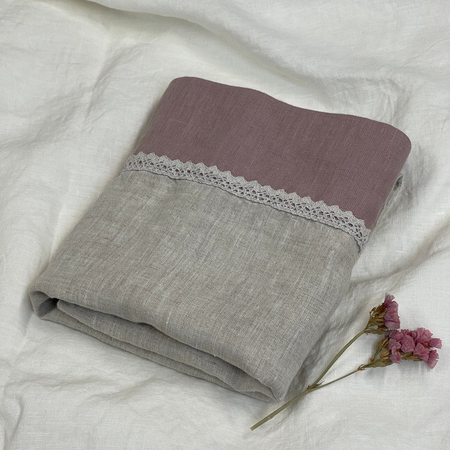 Greige Mauve Flax Pillowcase with Lace