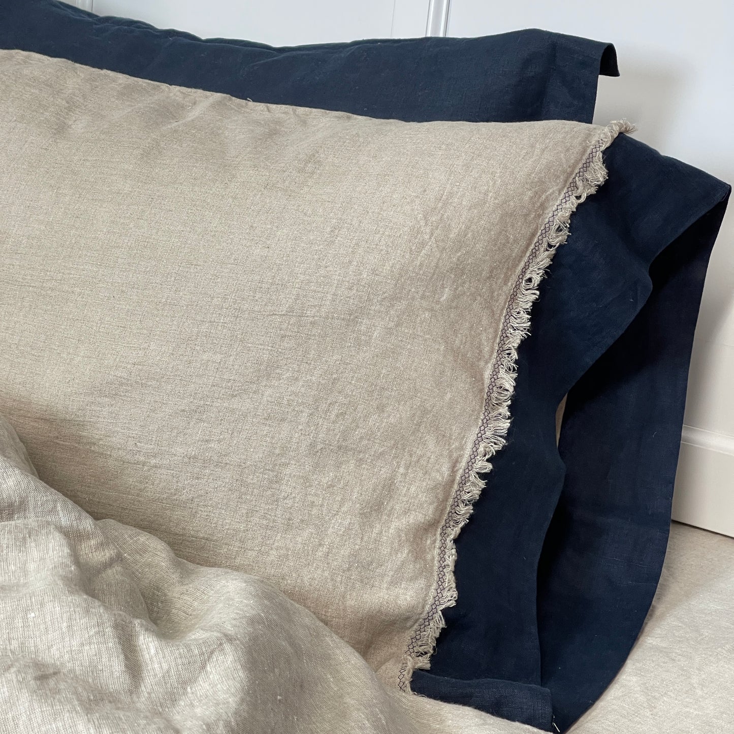 Greige Navy Blue Flax Pillowcase with Deco Detail