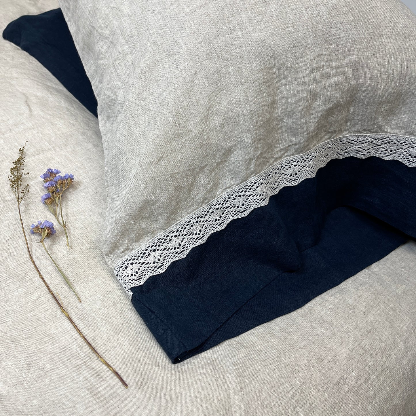 Greige Navy Blue Flax Pillowcase with Lace