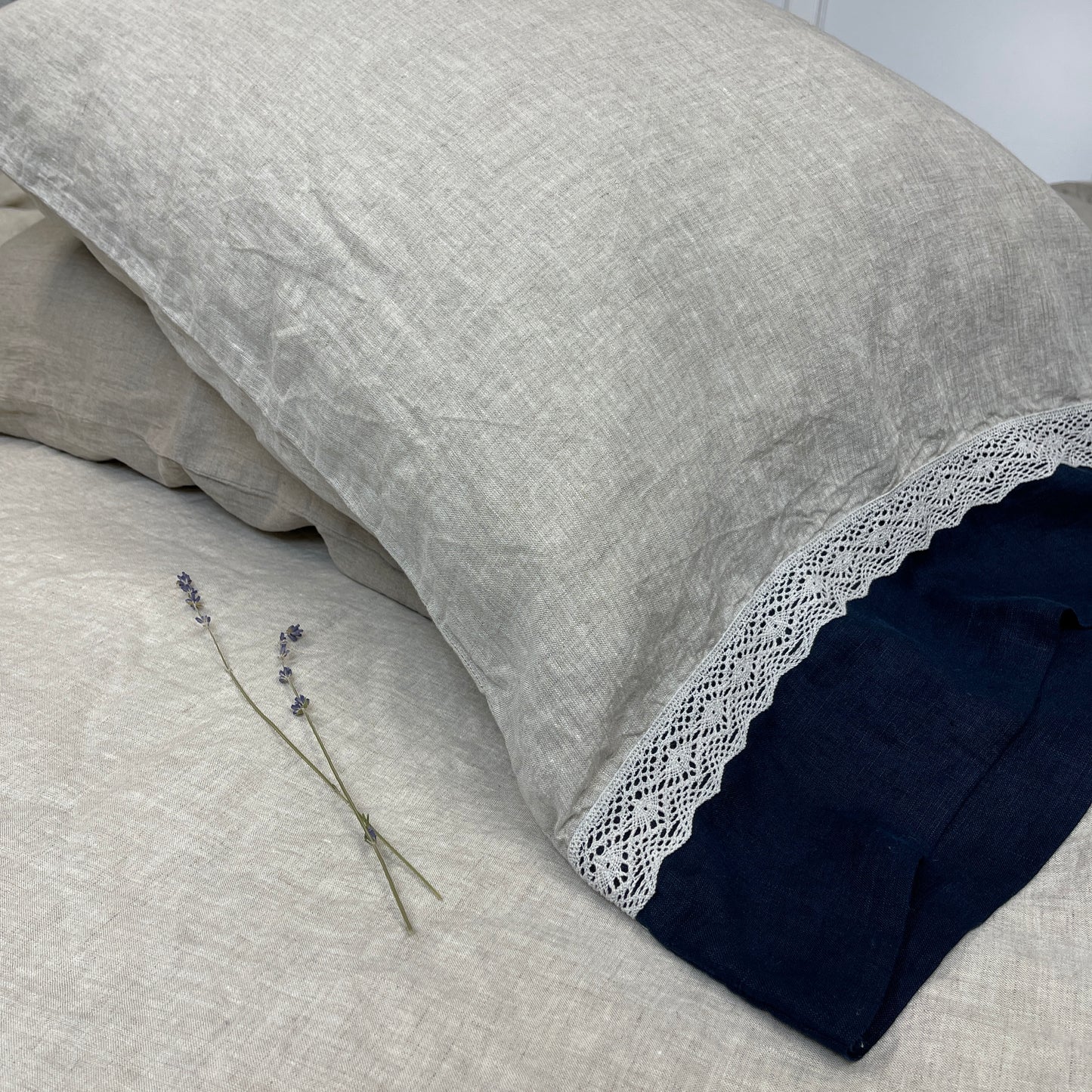 Greige Navy Blue Flax Pillowcase with Lace